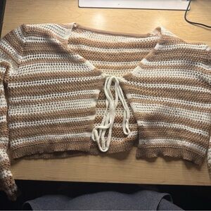 SHEIN Striped Knit Drawstring Sweater - Cream & Tan